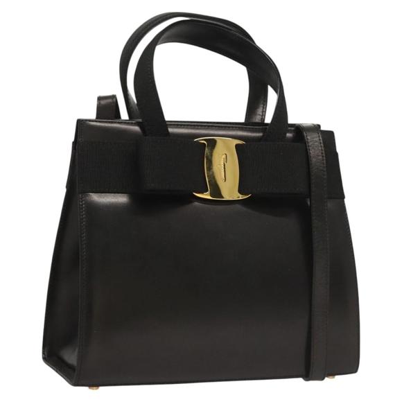 Salvatore Ferragamo Handbags - Salvatore Ferragamo Vala Hand Bag Leather 2way Black Gold Auth gh079